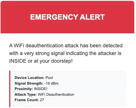 Emergency WiFi deauthentication alert showing device location, signal strength and attack type